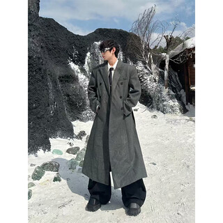 Avansby waisted shoulder-padded woolen over-the-knee double-breasted long men's autumn and winter thickened coat design high street british coat gray m
