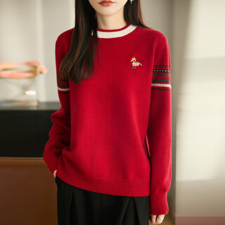 La chapelle french round neck contrast color embroidered sweater women's new year red sweater 2026 new thickened warm bottoming top burgundy l recommended weight 110-130