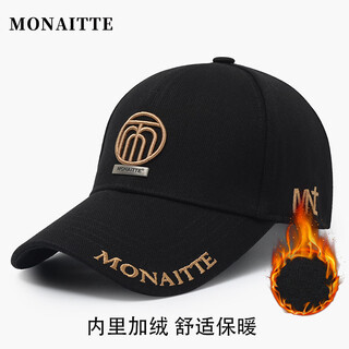 蒙奈特（MONAITTE）帽子男2026年春季新款潮牌字母刺绣鸭舌帽户外运动遮阳棒球帽女潮 黑金色 （秋冬加绒） 均码 可调节（54-61CM）