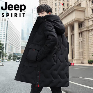 Jeep jeep international brand mid-length down jacket men's 2025 new winter thickened hooded large size white duck down jacket black m 80-110jin jin is equal to 0.5 kg