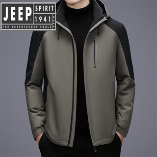 Jeep spirit lightweight hooded down jacket men's 2025 winter cold warm business casual color block winter jacket khaki 2xl 185