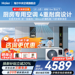 海尔【下单立减15%】厨房专用空调风管机一拖一大1.5匹全直流变频新一级能效嵌入式防腐耐油烟[单冷] 厨房空调 1.5匹 一级能效嵌入式防油烟