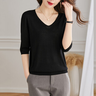 Shexi (srcr) mulberry silk knitted sweater top for women with spring and autumn comfortable v-neck five-quarter sleeve t-shirt thin
