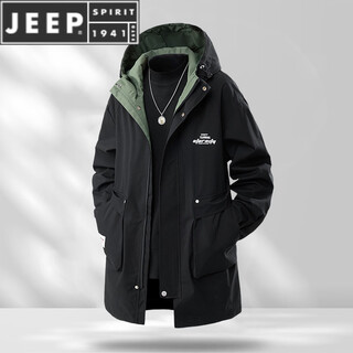 JEEP SPIRIT冬秋季风衣男中长款加肥加大宽松胖子工装特大码休闲连帽防风外套 6851黑色(春秋款 不加 绒) L