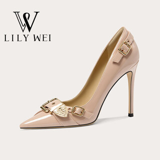 Lily wei shanjian qinglan french style gentle fashion high heels commuting temperament comfortable work shoes large size nude pink heel height 10cm 33
