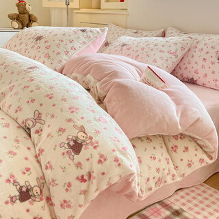 Fantasy winter thickened bed four-piece set coral velvet plus velvet quilt cover plush sheets student dormitory three-piece set bunny dance high weight milk velvet plus velvet warm bed sheet style single quilt cover 180x220cm