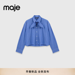 Maje2026 spring new women's french hot diamond process detachable bow tie striped short shirt blue s (1)
