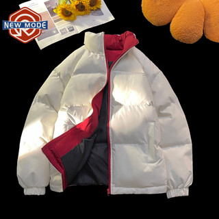 New or mode american stand collar contrasting color down jacket for men in winter new loose casual thickened warm cotton jacket white xl (one size larger)