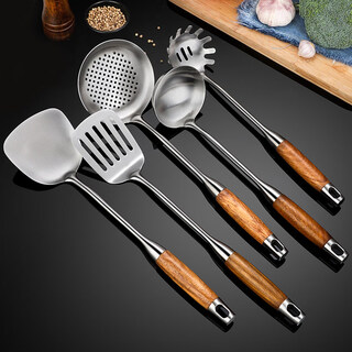 Li shen rosewood handle 304 stainless steel large soup spoon long handle anti-scalding spoon household kitchen soup porridge porridge cooking spoon spatula + frying spatula + soup spoon + colander + flour griddle