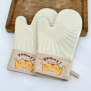 Yusenyiqiaochu three-layer thickened silicone anti-scalding gloves, insulated kitchen oven baking, non-slip, high temperature resistance, easy to clean (two double-sided kittens) three-layered thickened two-finger silicone heat-proof gloves