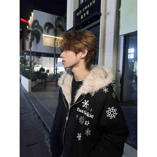 Luyal american retro snowflake embroidery mountain carving cotton jacket men's winter high street versatile bomber couple cotton jacket black xl