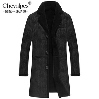 CHEVALPES国际一线品牌羊剪绒男式长款西装翻领大衣真皮皮衣男士风衣仿皮毛 黑色 M 165