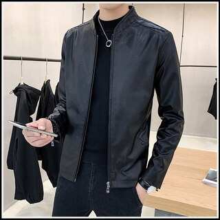Playboy men's leather jacket men's spring new middle age fashion business stand collar simulated leather jacket men's leather jacket black m