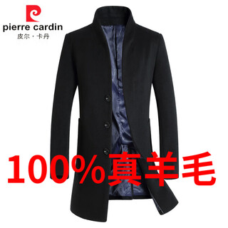 Pierre cardin autumn and winter new men's woolen coat windbreaker men's mid-length monk collar korean style slim woolen coat for men black cotton m 170