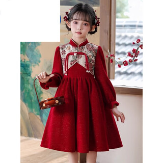 Didi.ni heydidy girls' cheongsam dress winter 2025 new girl's new year's greetings dress plus velvet children's winter dress red princess dress red plus velvet 140 cm