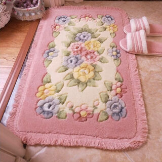 Fantasy pink entrance door floor mat, non-slip floor mat, dirt and dust mat, pastoral flower bedroom floor mat, living room floor mat, flower light pink with tassels) 45x65cm