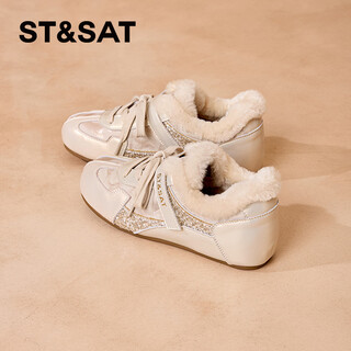 Women's 2026 new spring plus plush fur shoes, white shoes, warm casual cotton shoes, champagne gold 35 (225mm) standard size