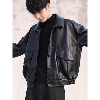 Korean style loose leather jacket for men, motorcycle suit, pilot leather jacket, handsome and versatile velvet thickened jacket for autumn and winter, black, small size, high quality m