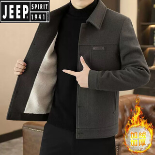 Jeep spirit autumn and winter new short woolen coat jacket men's korean style velvet thickened slim lapel woolen jacket men dark gray velvet m