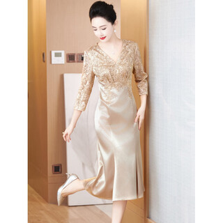 Saint boogie engagement clothes for mother-in-law 2025 summer summer short sleeve belly covering mother's wear fishtail skirt fashion young dress champagne color three quarter sleeves m