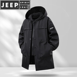 JEEP SPIRIT冬秋季风衣男中长款假两件加肥加大码宽松胖子防风特大码休闲外套 23699黑色(春秋款 不加 绒) L