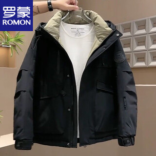 罗蒙工装短款羽绒服男士2025简约休闲加厚宽松保暖连帽工装冲锋衣外套 黑色   罗蒙正品 L 125-138斤