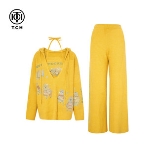 Tch knitted suit for women 25 autumn and winter, fashionable hot diamond design, noble and versatile temperament, quiet luxury style three-piece set, yellow m