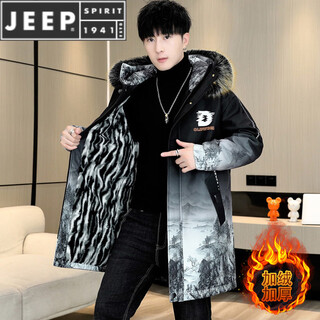 Jeep spirit winter parka men's jacket plus velvet thickened jacket men's winter cotton clothes mid-length windbreaker warm jacket black plus velvet thickened m 80-100jin jin is equal to 0.5 kg