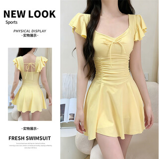 Bangboshi one-piece skirt-style swimsuit for women 2025 winter new hot spring slimming belly-covering high-end small breast push-up vacation swimsuit swimsuit bow lemon yellow one size fits (80-110)