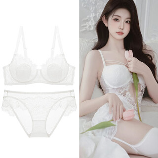 Victoria palace sexy underwear women's thin elegant breathable lace big breast revealing anti-sagging gathering side breast bra set white set bra + panties 70a/32a with s size panties