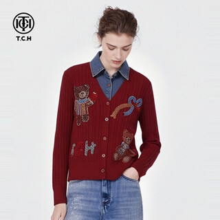 Tch knitted cardigan for women 26 years early spring fashion hot diamond retro red fake two-piece splicing denim design sweater burgundy l