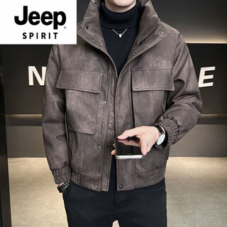 Jeep spirit leather down jacket men's winter stand collar 2025 new casual big pocket american retro thickened winter jacket brown m 100-130jin jin is equal to about 0.5 kg