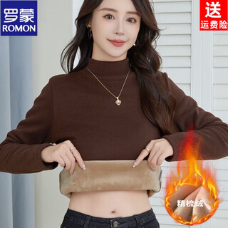 Romon bottoming shirt plus velvet women's half turtleneck thickened autumn and winter combed velvet thermal top mid-high collar slim fit inner wear for women brown m plus velvet style 90-100jin jin is equal to 0.5 kg