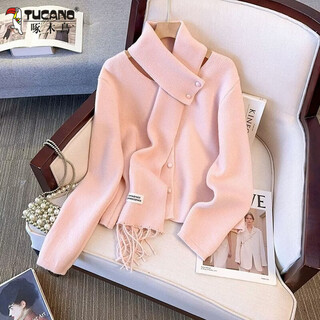 Woodpecker unique and beautiful red sweater with scarf for women 2025 autumn and winter new thickened warm loose knitted cardigan jacket pink s