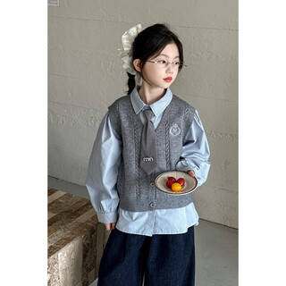 Fhhuabd girls autumn college style suit 2026 girls autumn fashionable casual sweet shirt vest three-piece set gray vest and shirt 120 cm