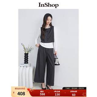 Inshop mall same style new women's simple commuting long-sleeved top with vest wide-leg trousers three-piece set dark gray s