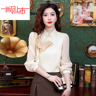 Woodpecker (tucano) 2025 spring new stand collar long sleeve button new chinese embroidered shirt women's retro tops apricot popular light luxury brand this year s 80-95jin jin is equal to 0.5 kg