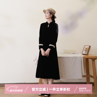 Bu fu new chinese style black velvet double button drop collar cheongsam 2026 new spring slim long sleeve women's clothing black velvet m