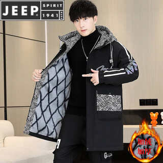 Jeep spirit2025 new winter velvet jacket men's medium-length windbreaker handsome men's casual cotton coat parka 88612s black gray quality assurance m 105jin jin equal to 0.5 kg or less