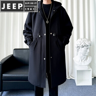 Jeep spirit windbreaker jacket men's winter, autumn and winter velvet thickened lamb plush cotton-padded mid-length parka coat black regular m loose fit