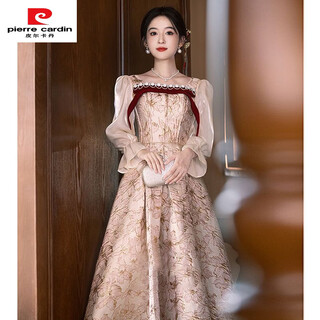 Pierre cardin engagement dress women 2025 new style spring long-sleeved toast wear bridal fashion slim dress champagne 2xl