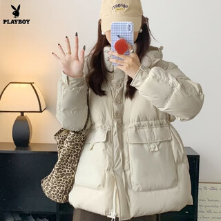 Playboy (playboy) 2026 winter new white duck down short bread jacket women korean style loose thickened waist hooded down jacket official flagship milky white s suitable for 80-125 jin jin equals 0.5 kg