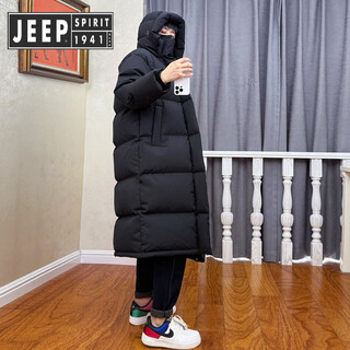 JEEP SPIRIT吉普新款95绒羽绒服男加长加厚过膝长款连帽女冬装宽松抗寒情侣外 黑色 XL