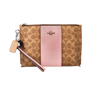 Coach charlie pouch color block design canvas with leather clutch small size women's pink with brown default basic outfit (bag + dust bag)