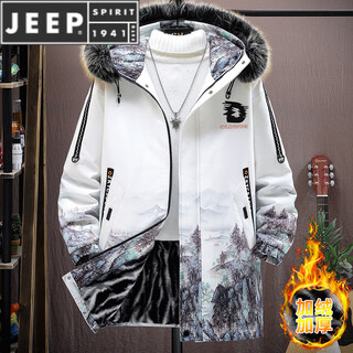 Jeep spirit mid-length jacket for men in autumn and winter plus velvet and thickened large fur collar windbreaker jacket gradient color warm parka for men 717 white plus velvet and thickened m about 90-110jin jin is equal to 0.5 kg