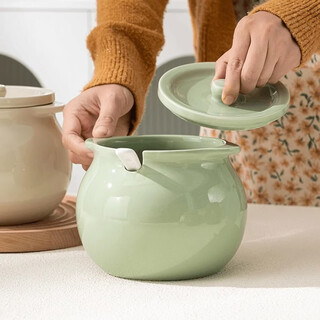 Fat donglai same style lard oil tank lard tank household high temperature resistant ceramic tank with lid kitchen oil salt seasoning tank meat oil chili milk green large size 1400ml high temperature resistant double ear lard tank (free special