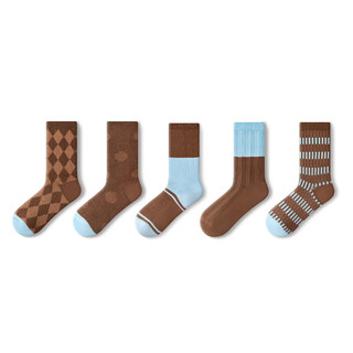 Pami double-needle keluli socks for women, autumn and winter, college style, retro rhombus fashion, contrasting colors, stockings, stockings, cotton, retro rhombus e set, 5 pairs, one size fits all (suitable for sizes 36-39)