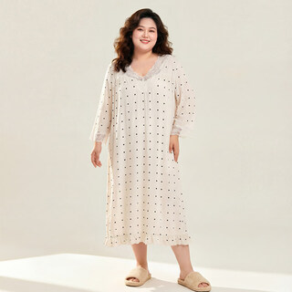 Minagawa (mynight) minagawa large size dress mid-length lace v-neck women's long sleeves can be worn outside modal nightgown home clothes beige l (weight 100-130jin jin equals 0.5 kg)