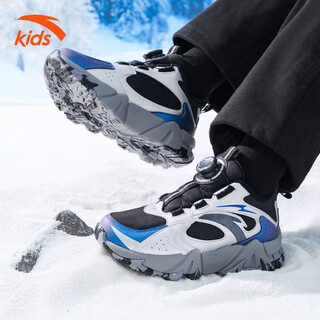 Anta children's cotton shoes 2025 autumn and winter new men's and large children's leather and velvet knob high-top mountaineering snow boots black/silver-3 35