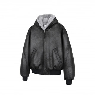 Deserto frost cracked leather 1500g imitation mink one piece winter hooded mountain carving pu leather jacket black m